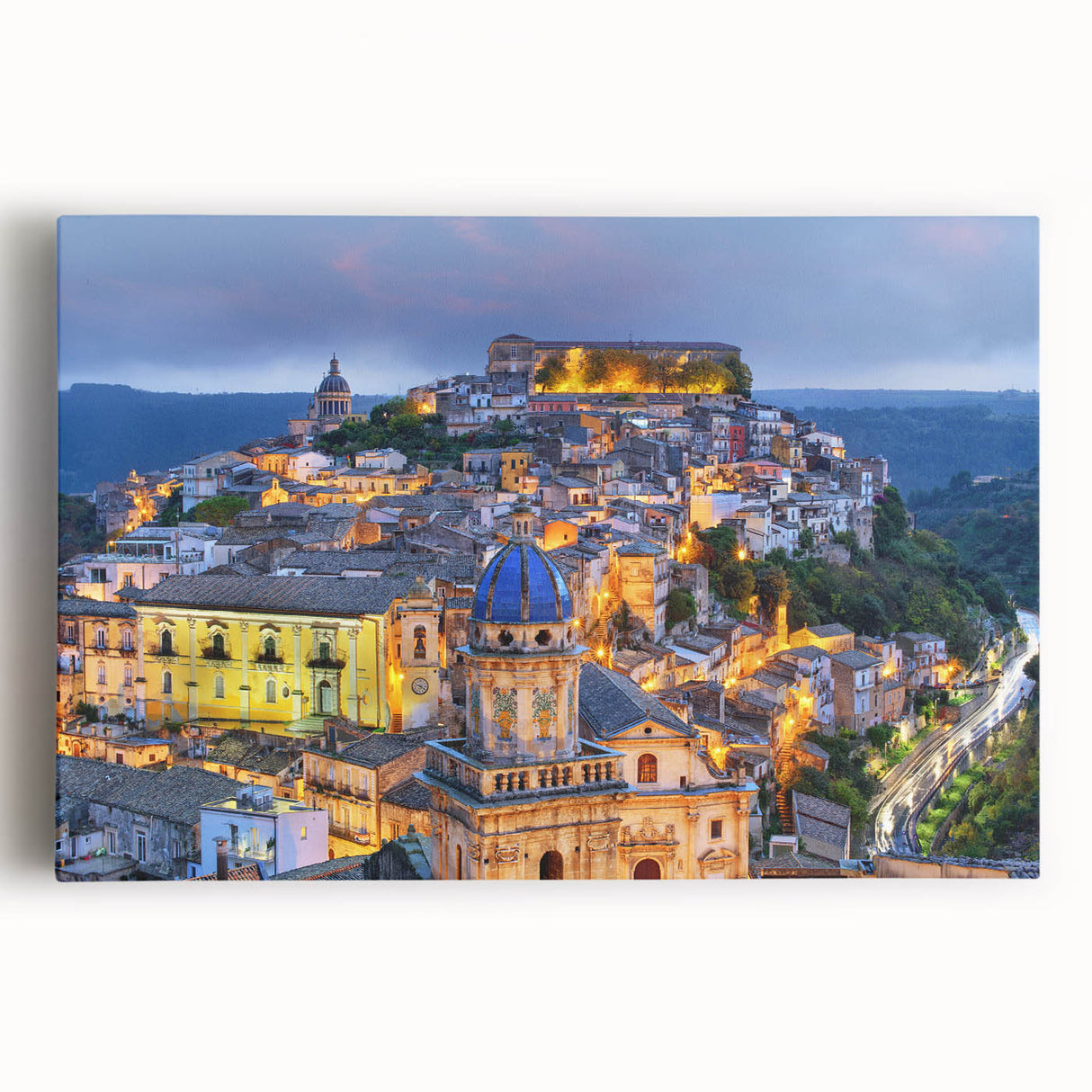 Black and white stretched canvas of Sicilian landscape, ideal for kitchen wall art or bedroom ambiance.