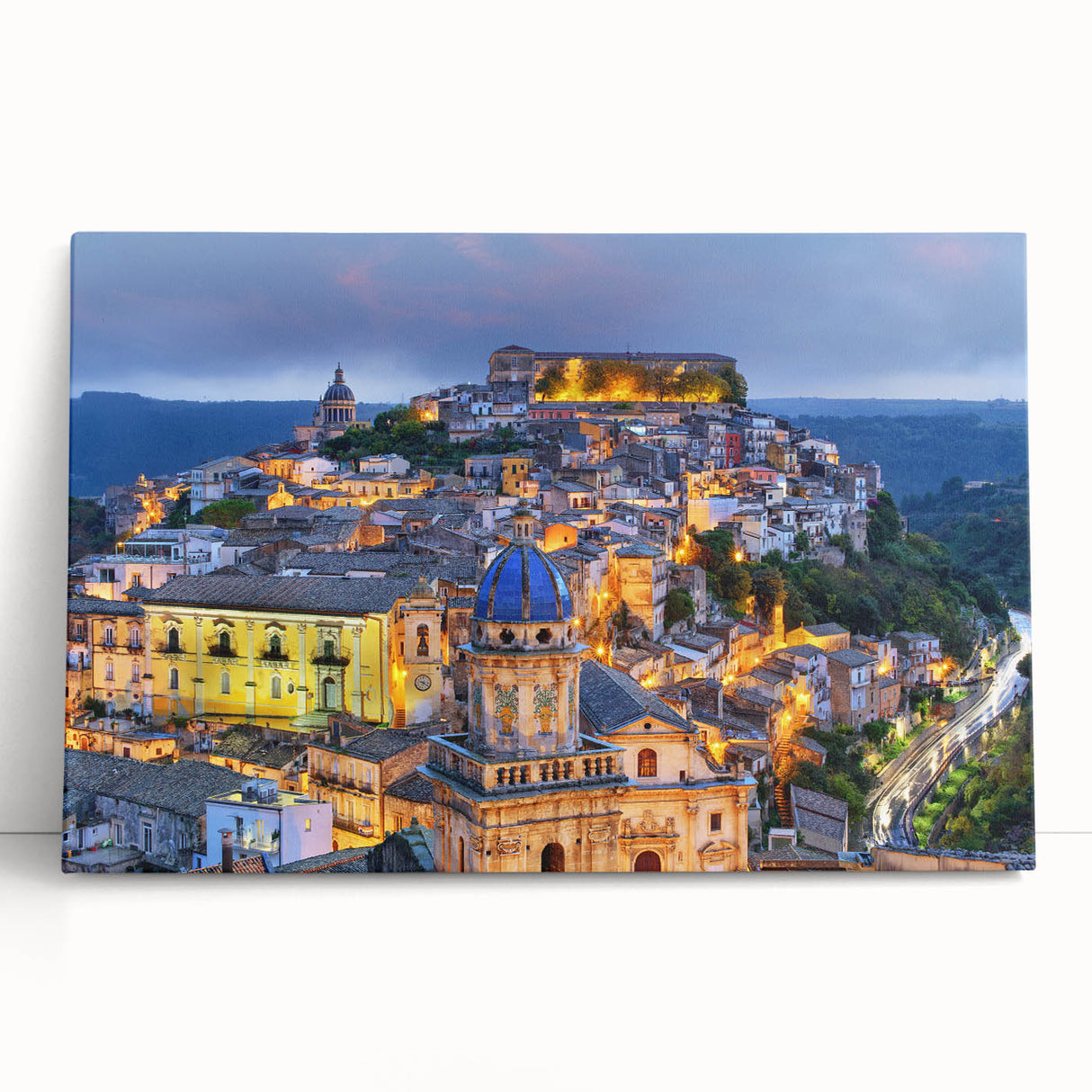 Black and white photo of Sicilian landscape on stretched canvas, ideal for kitchen wall art.