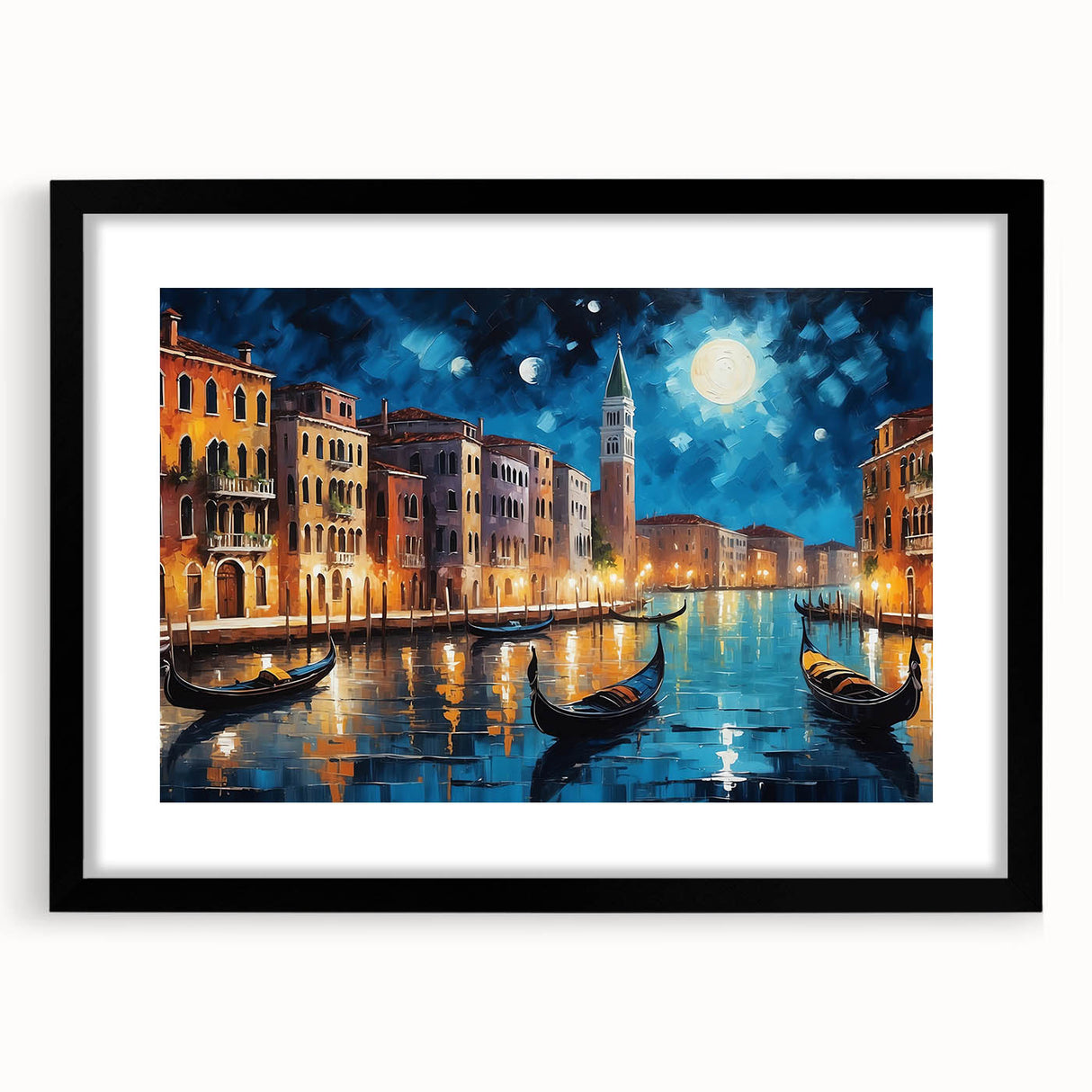 Colorful abstract art print of Venice scenery in textured style, framed with a black mat, ideal for living room decor.