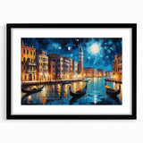Colorful abstract art print of Venice scenery in textured style, framed with a black mat, ideal for living room decor.