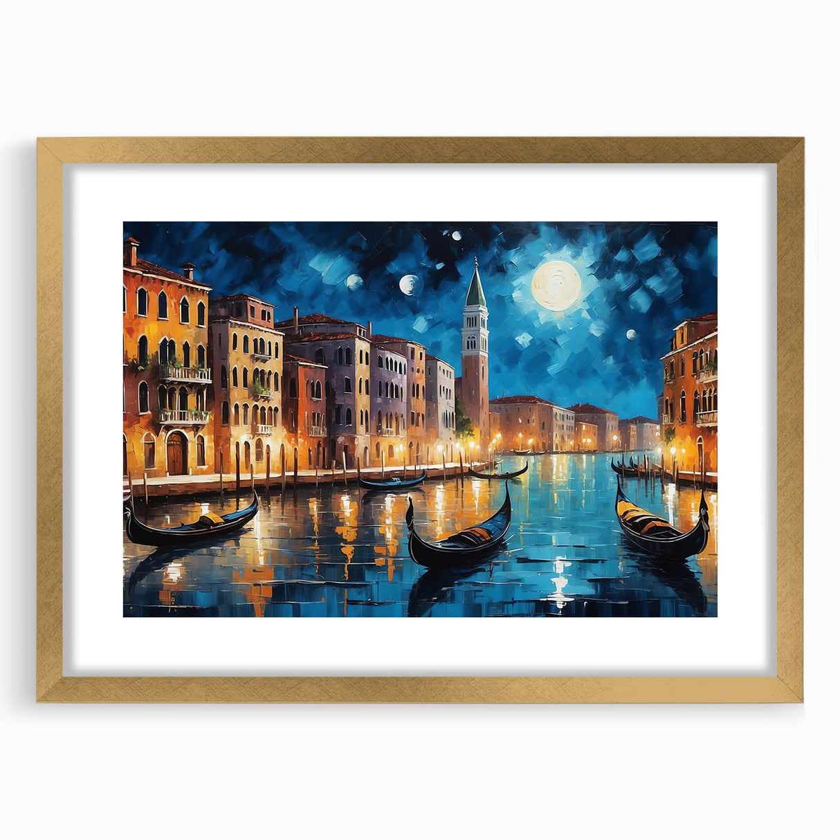 Abstract art print of Venice scenery in muted gold and blue tones on a framed canvas, suitable for dining room decor.