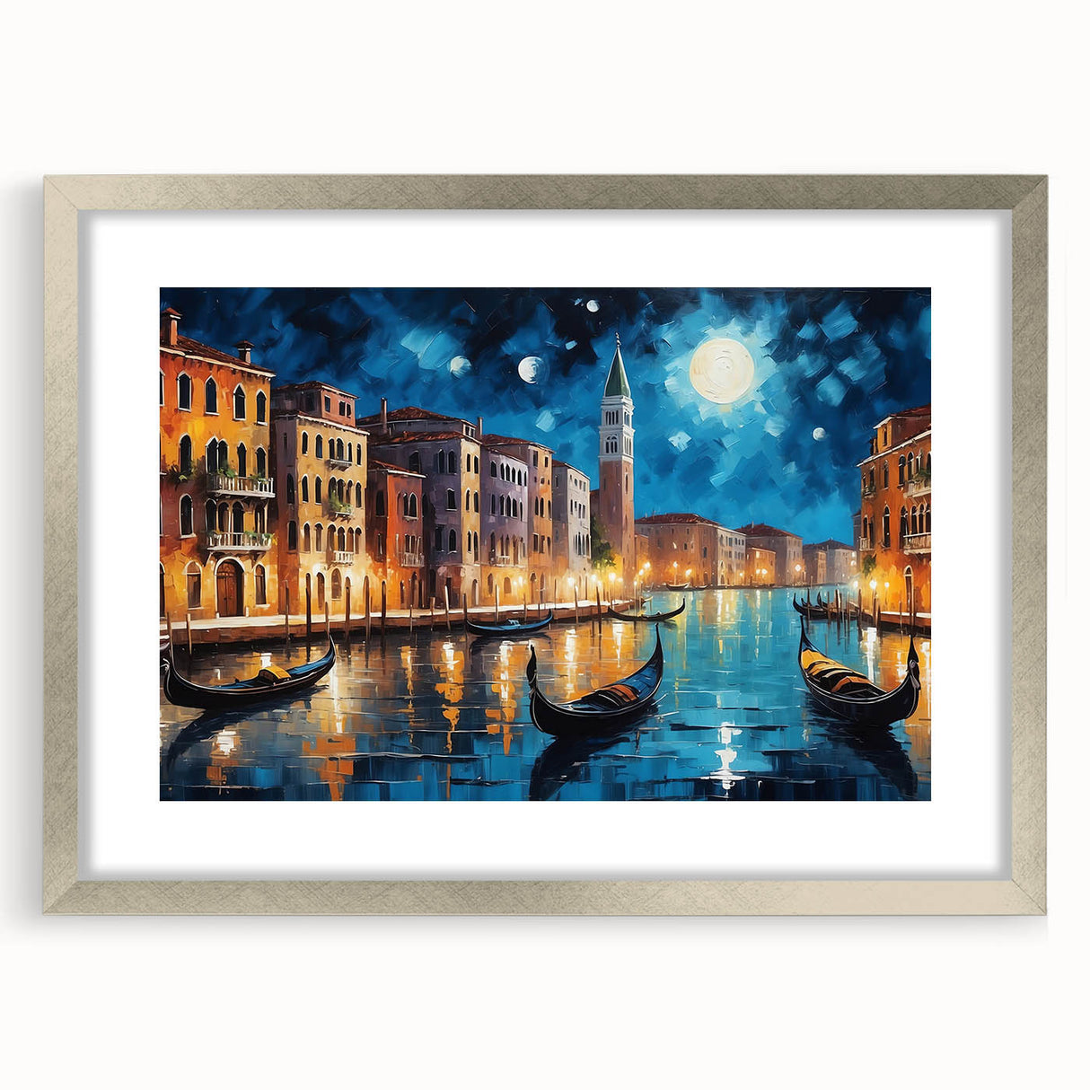 Extra large abstract art print of Venice's textured scenery in silver frame, suited for living room decor.