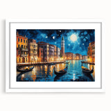 Textured abstract art print of Venice scenery in muted earth tones on a framed white mat, ideal for bedroom wall decor.