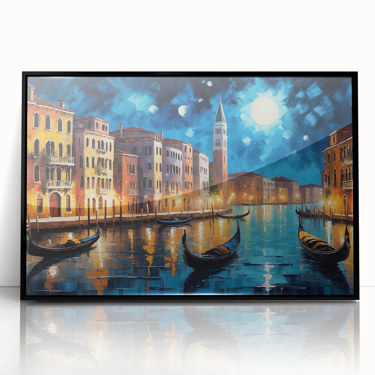 Large abstract wall art depicting a Venetian canal scene in muted blues and greens on a framed acrylic panel.