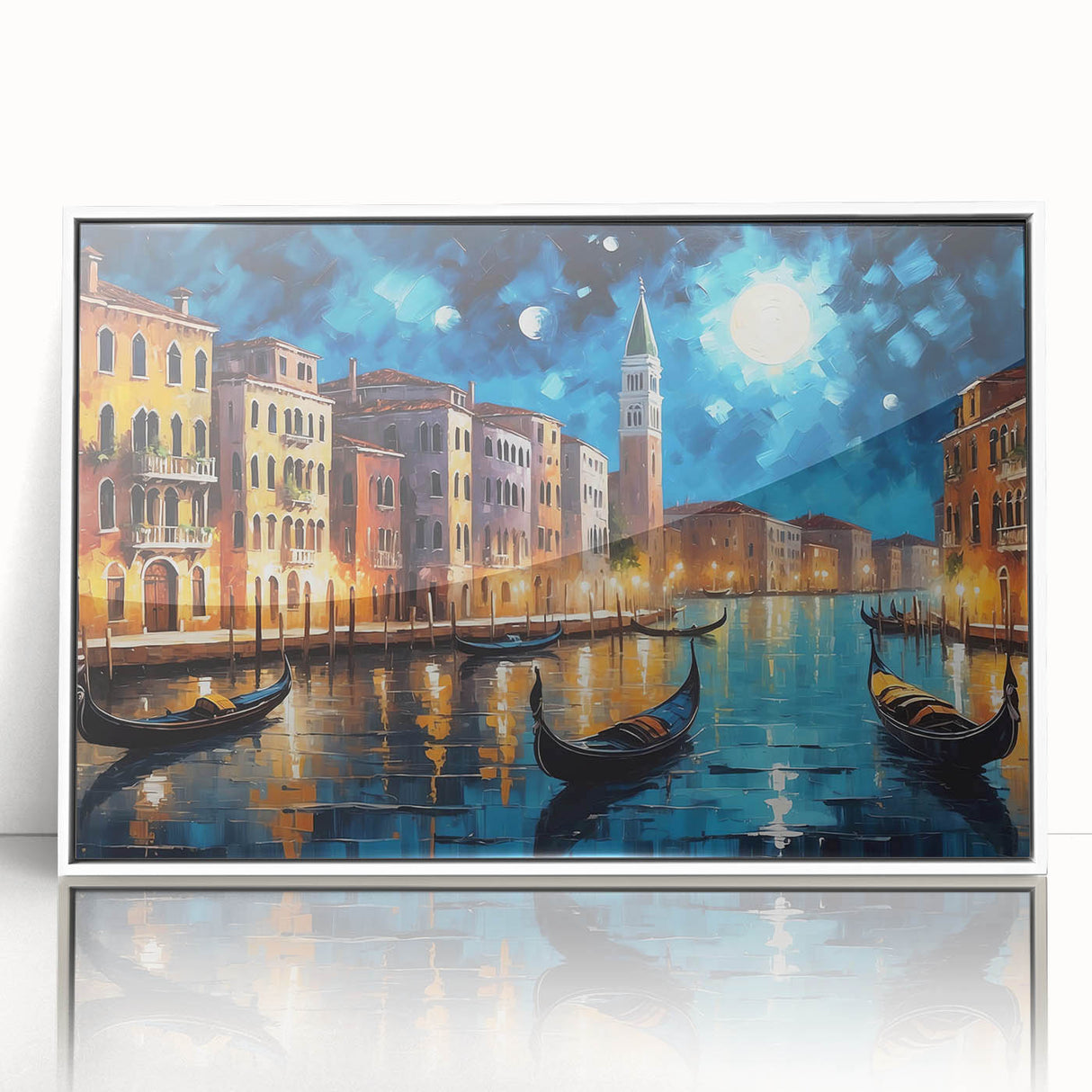 Mid-century modernist art depicting Venice scenery with muted earth tones on a framed acrylic, ideal for nursery wall art.