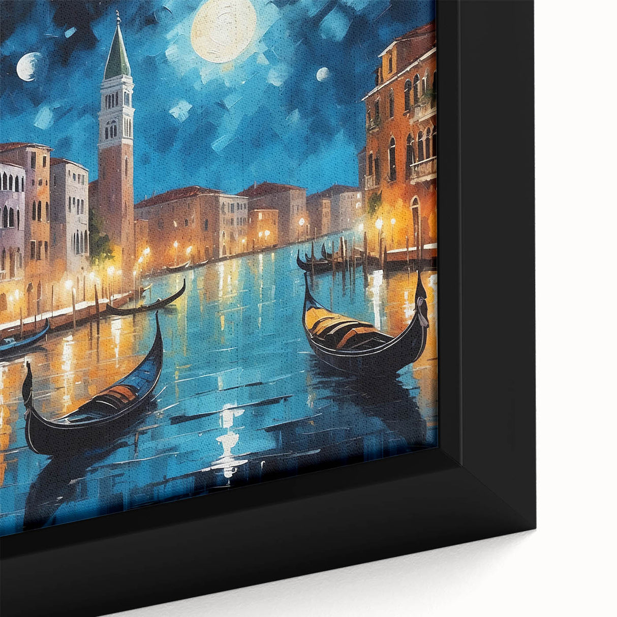 Black wall art depicting a textured, colorful Venetian scene on a large framed canvas, suitable for living room decor.