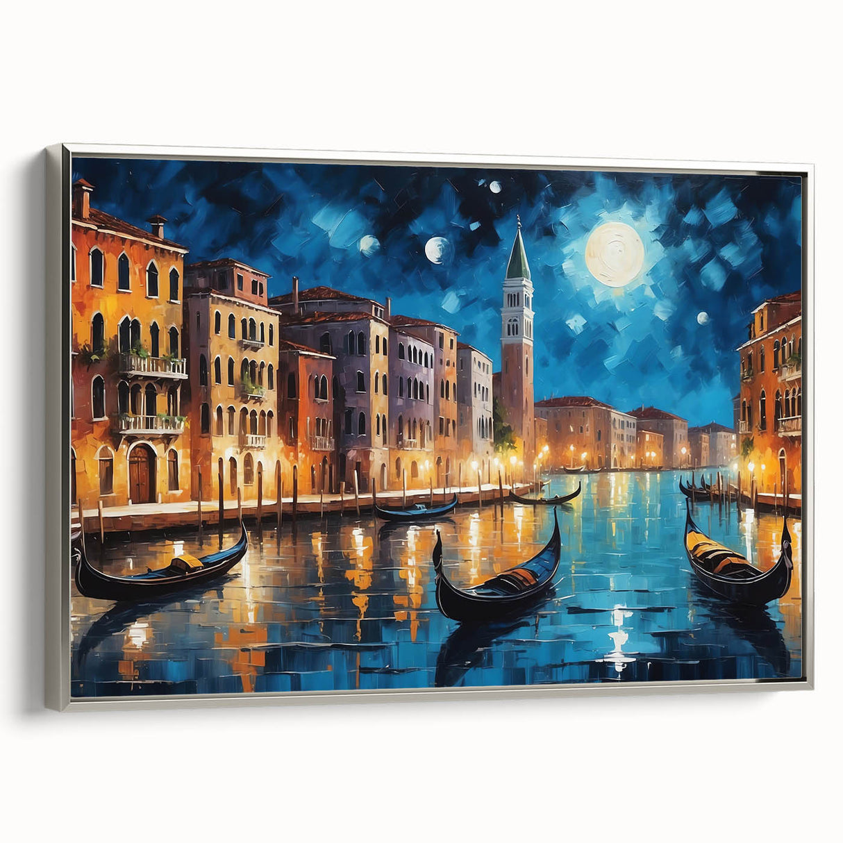Framed canvas landscape art painting of Venice with colorful buildings and gondolas, in a vintage poster style.