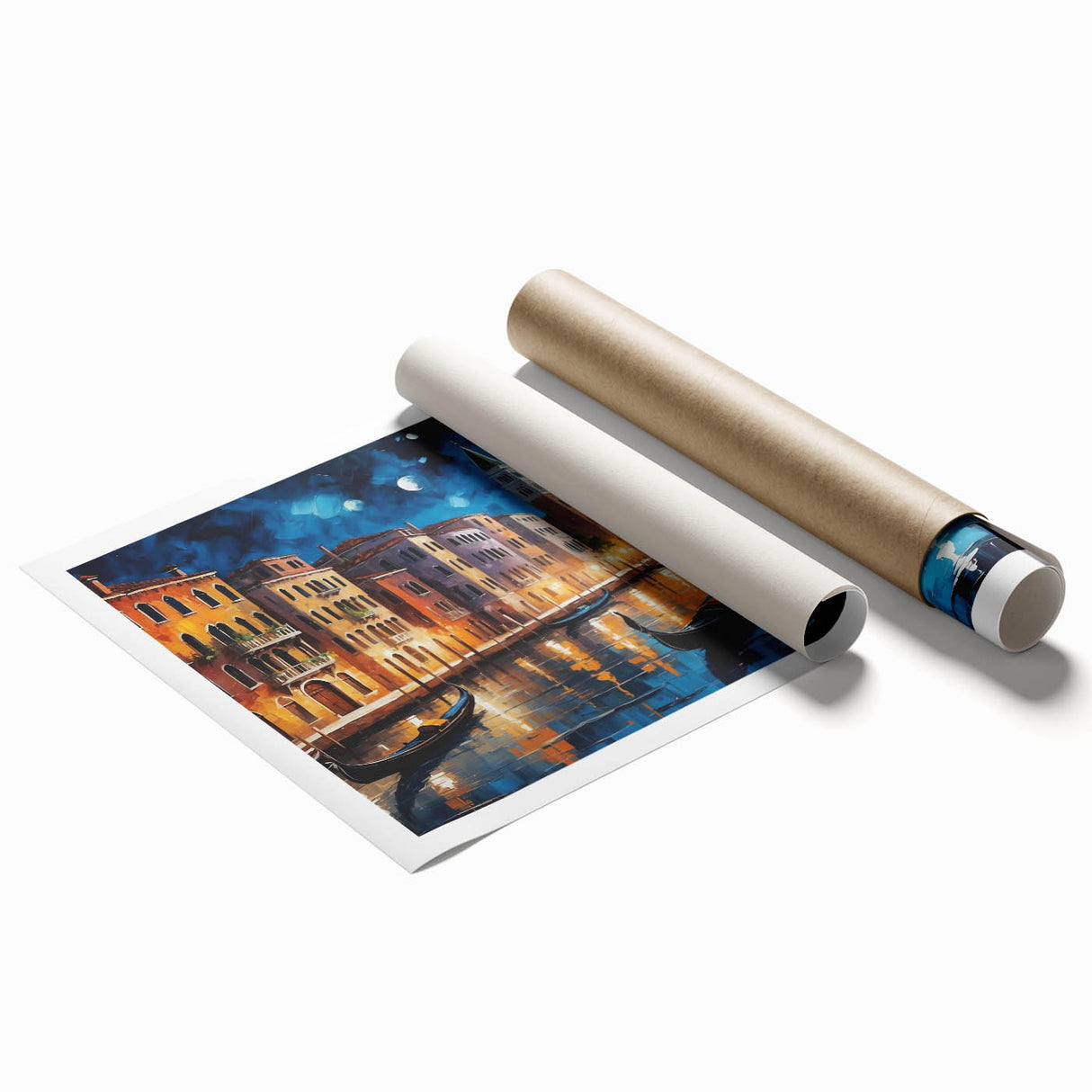 Venetian canal scene in muted watercolor tones on a large rolled canvas, suitable for bathroom or living room decor.