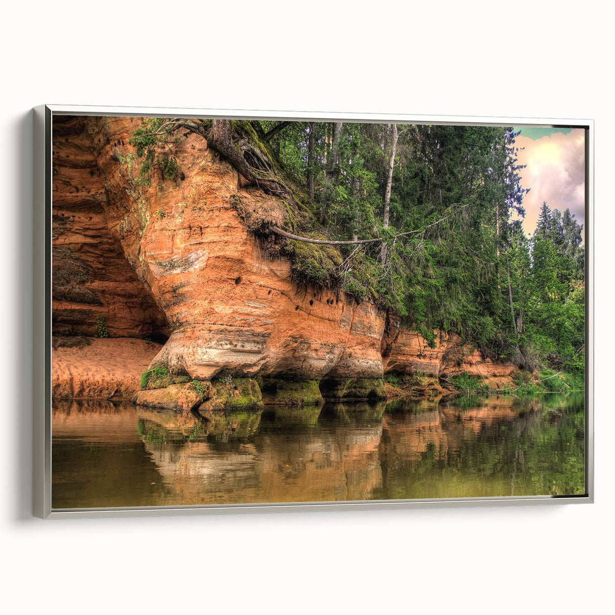 Landscape art painting of a Latvian scenery on a framed canvas, featuring vibrant colors and vintage poster art style.