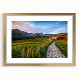 Abstract art print of a European landscape in muted green and brown tones, framed in gold, ideal for dining room decor.