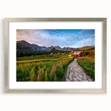 Extra large abstract art print of a textured European scenery in muted earth tones, framed in silver.