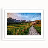 Textured art print of an abstract European scenery in muted earth tones, framed with a white mat, suitable for bedroom decor.