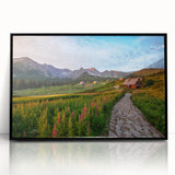 Large abstract wall art featuring a mid-century modernist style with vibrant hues of blue and orange on a framed acrylic.