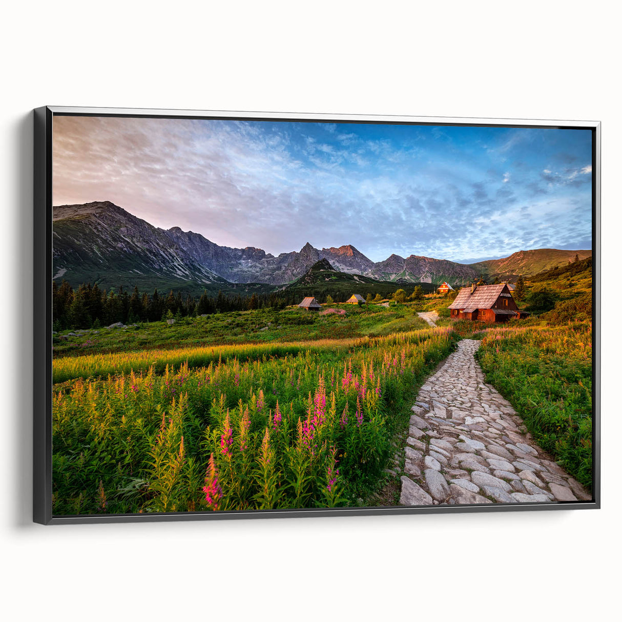 Black and white landscape art of a European scenery on framed canvas, ideal for bedroom wall decor.