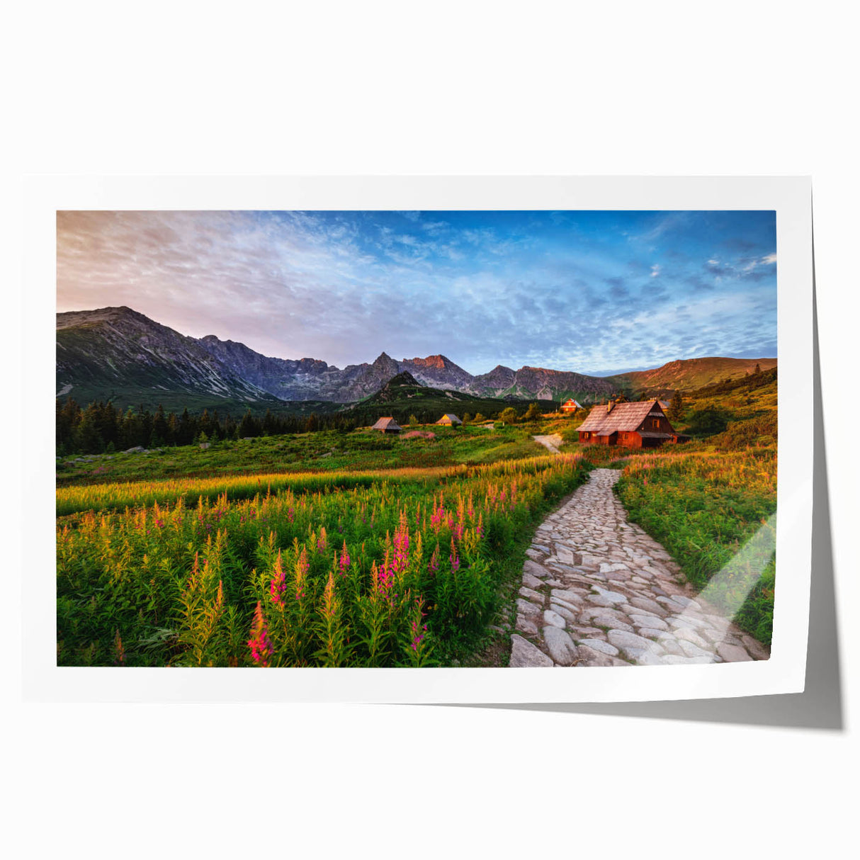 Rolled print of a European scenery in Poland featuring floral elements in soft pastel shades, suitable for dining room decor.