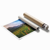 Extra large rolled print of a European scenery with vibrant floral elements, ideal for classy bathroom wall art.