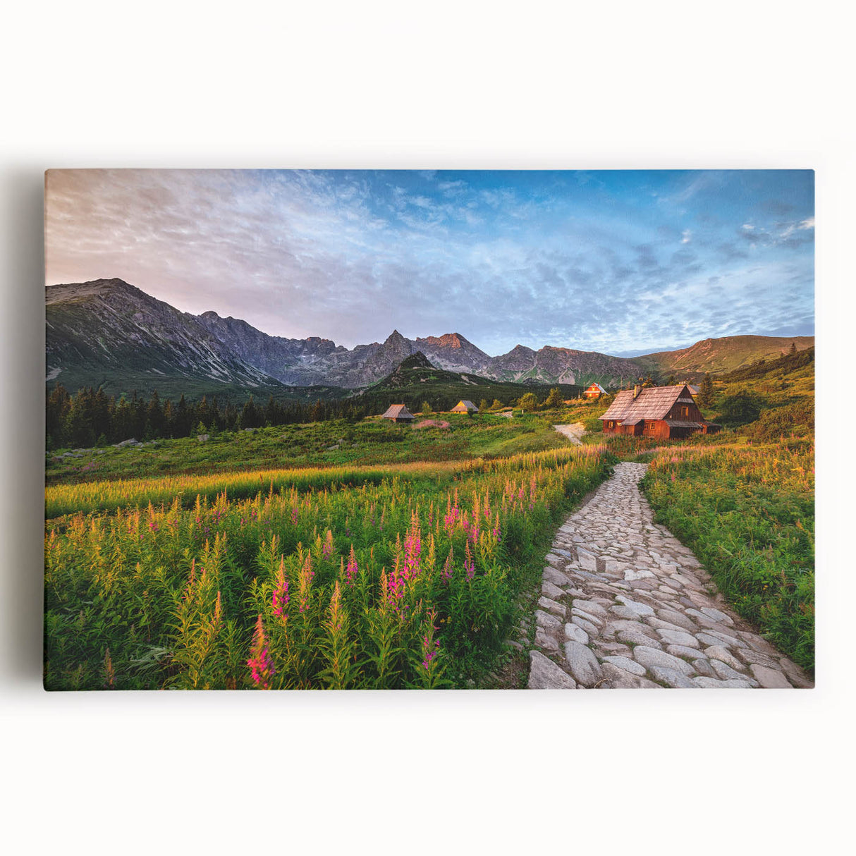 Black and white stretched canvas featuring a panoramic view of a European cityscape.