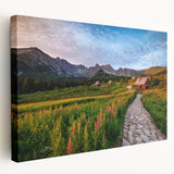 Large art depicting a serene European landscape on stretched canvas, with soft green and blue tones.