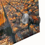 Large abstract wall art of Barcelona scenery in muted earth tones on acrylic, ideal for dining room ambiance.