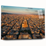 Acrylic print of a large abstract depiction of Barcelona with vibrant blue and orange tones, ideal for dining room decor.