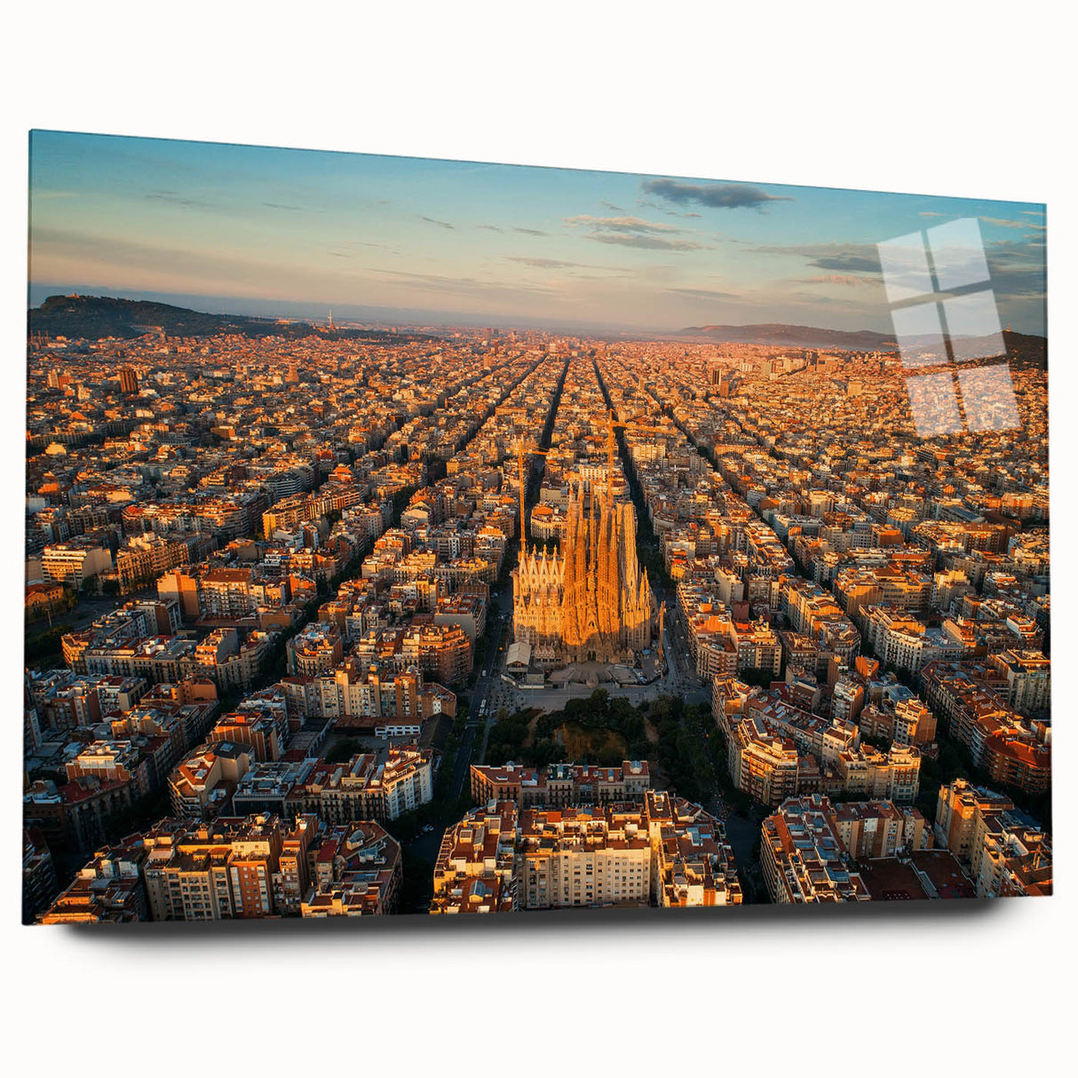 Large abstract wall art of Barcelona scenery in muted earth tones on acrylic glass, ideal for bedroom or dining room decor.