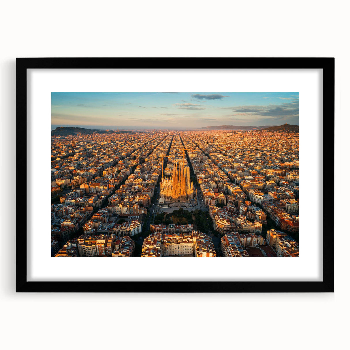 Extra large abstract art print of colorful Barcelona scenery in textured style, framed in black, ideal for living room decor.