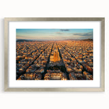 Extra large abstract art print of Barcelona scenery in muted earth tones, framed in silver, ideal for living room decor.