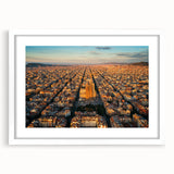 Textured art depicting an abstract Barcelona cityscape in muted grays and blues on a framed white mat canvas.