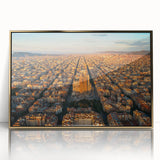 Art Deco poster of Barcelona skyline in gold and black tones on framed acrylic, suitable for modern art wall decor.