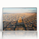 Framed acrylic print of Barcelona scenery in mid-century modernist style, featuring muted earth tones.