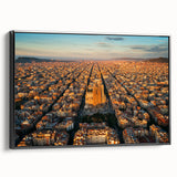 Black and white framed canvas of Barcelona landscape in a vintage poster style, ideal for bedroom decor.