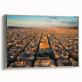 Landscape art painting of Barcelona with colorful vintage poster art style on black framed canvas.