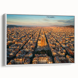 Extra large framed canvas of vintage poster art featuring a colorful Barcelona scene, ideal for living room decor.