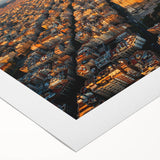 Art deco poster of Barcelona cityscape in muted earth tones on rolled canvas, suited for dining room wall art.