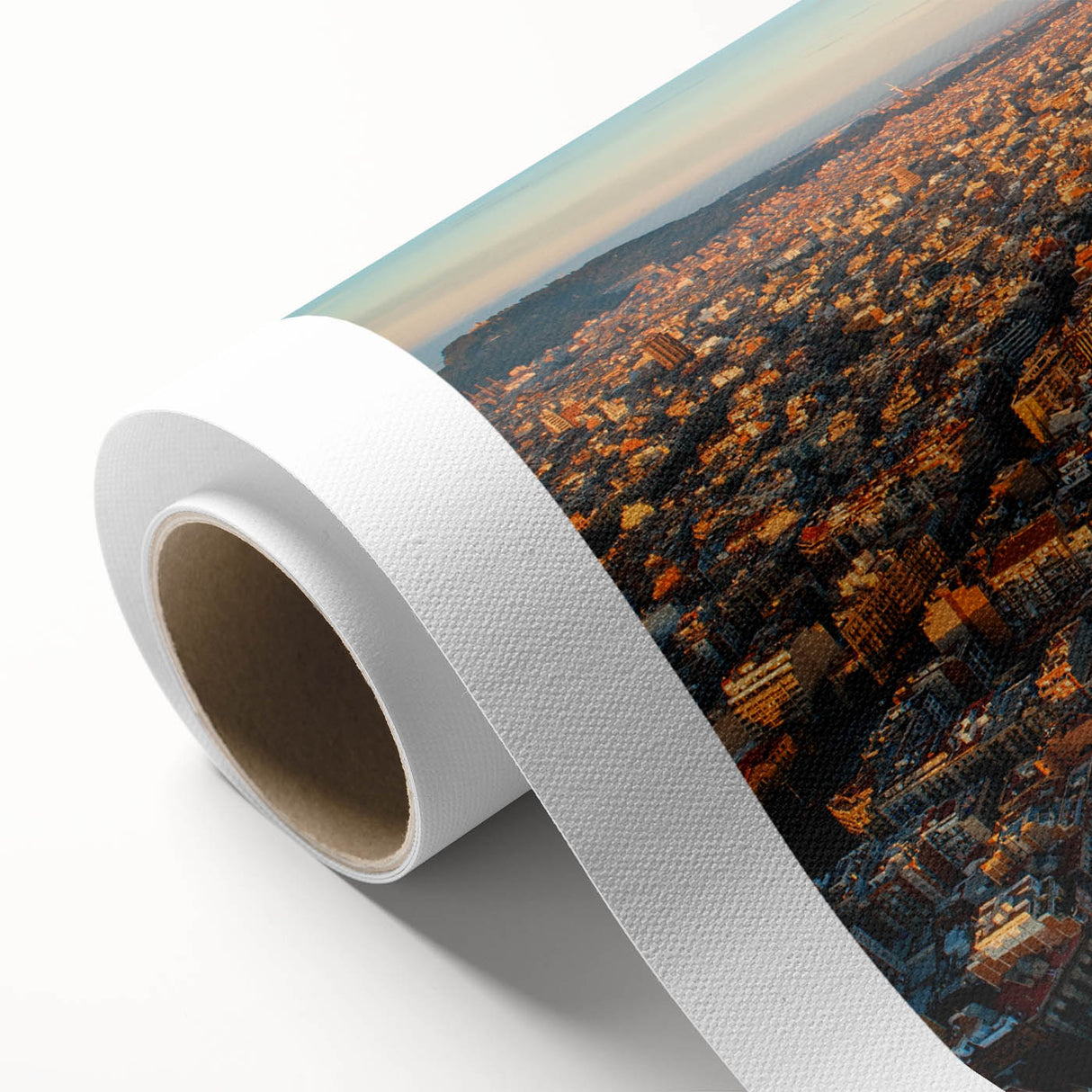 Art Deco poster of Barcelona scenery in muted colors on rolled canvas, ideal for nursery wall art.