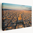 A panoramic view of Barcelona cityscape in muted earth tones on a large stretched canvas, suitable for kitchen wall art.