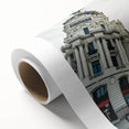 Art deco poster of Madrid scenery in soft pastels on rolled canvas, suitable for nursery wall art or dining room decor.