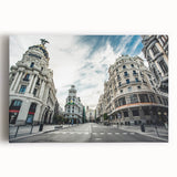 Black and white stretched canvas of Madrid cityscape, ideal for kitchen wall art.