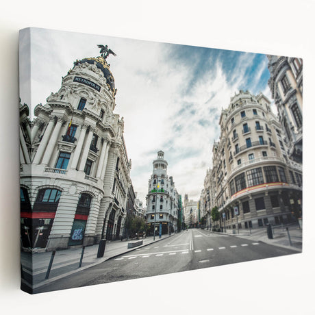 Large canvas print of Madrid cityscape in muted earth tones, suitable for kitchen wall art.