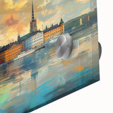Large abstract depiction of Stockholm in muted blue and gray tones on acrylic glass, suitable for dining room art.