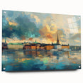 Acrylic print of a large abstract depiction of Stockholm's scenery in muted earth tones.