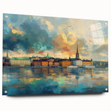 Acrylic print of a large abstract depiction of Stockholm's scenery in muted earth tones.