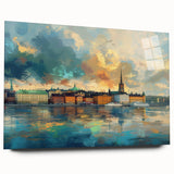 Large abstract wall art depicting the Stockholm skyline on acrylic glass, suitable for bedroom or dining room decor.