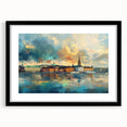Abstract art print of Stockholm with vibrant, textured colors on a large framed canvas, suitable for living room decor.
