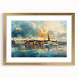 Extra large abstract art print of Stockholm scenery in textured gold frame, ideal for living room decor.