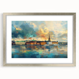 Textured abstract art print of Stockholm scenery in muted gray and blue tones, framed in silver.