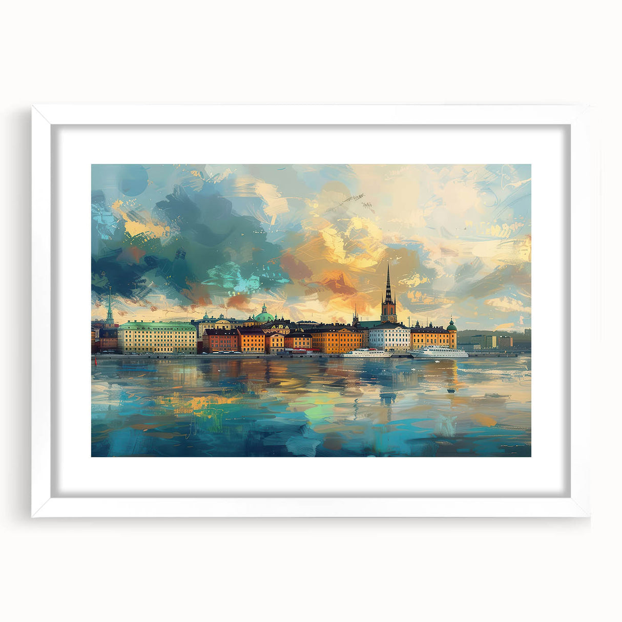 Abstract art print of Stockholm's cityscape in muted gray and blue tones on a framed white mat, ideal for dining room decor.
