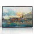 Large abstract wall art depicting Stockholm’s skyline in muted gray and blue tones on a framed acrylic.