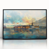 Large abstract wall art depicting Stockholm’s skyline in muted gray and blue tones on a framed acrylic.