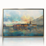 Large art print of Stockholm scenery in muted gold and blue tones, framed acrylic, ideal for modern art wall decor.